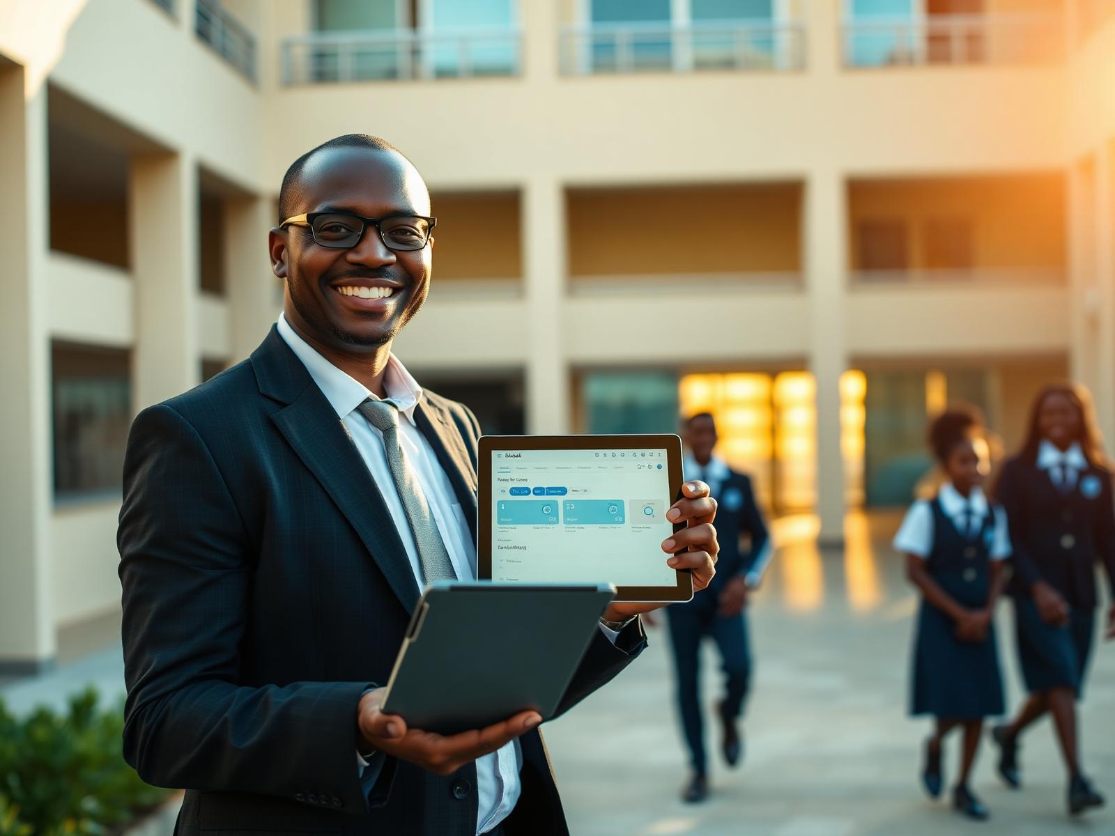 Directrice d'école africaine utilisant Studn sur tablette